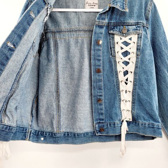 Love Tree Denim Blue Trucker Jacket 100% Cotton Long-sleeve Lace Up Women's Sz L - Picture 3 of 10